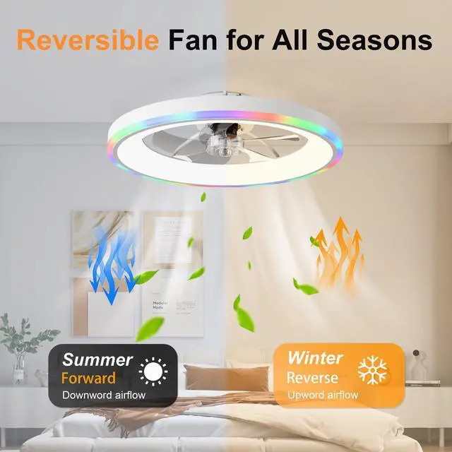 Alt view image 6 of 7 - 23.6" Modern Rgb Ceiling Fan with Lights, Flush Mount Low Profile Fan with Remote & App, 6-Speed Reversible Silent Dc Motor, Dimmable 3000-6500K Led for Bedroom, White
