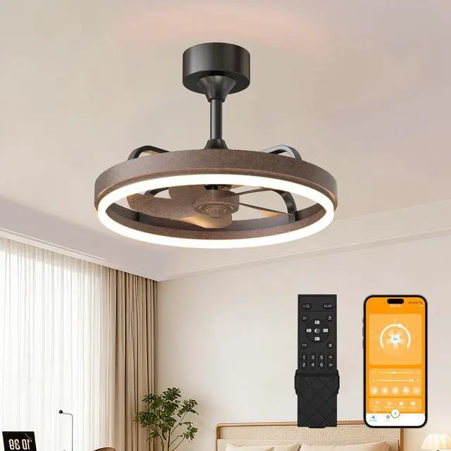 Main image of 20.5" Rustic Brown Ceiling Fans with Lights Remote & App Control, Downrod Mount Dimmable Led Fandelier, 6 Speeds Quiet Dc Motor, Modern Ceiling Fan for Bedroom Living Room