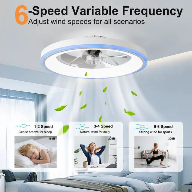 Alt view image 7 of 7 - 23.6" Modern Rgb Ceiling Fan with Lights, Flush Mount Low Profile Fan with Remote & App, 6-Speed Reversible Silent Dc Motor, Dimmable 3000-6500K Led for Bedroom, White