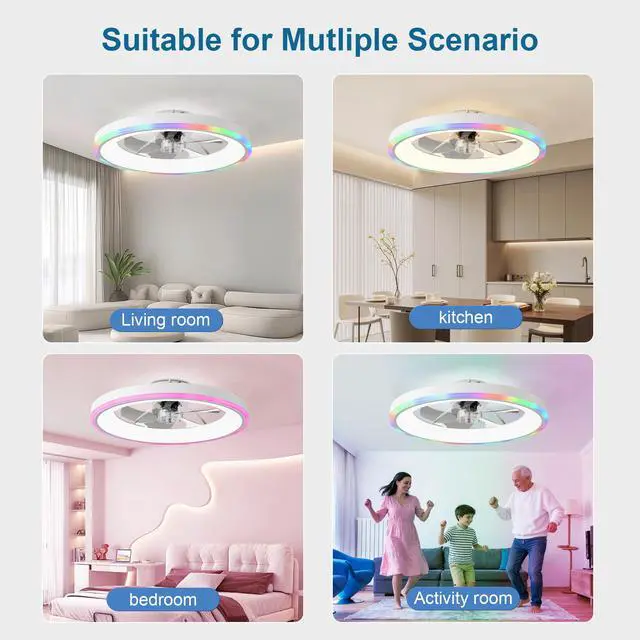 Alt view image 3 of 7 - 23.6" Modern Rgb Ceiling Fan with Lights, Flush Mount Low Profile Fan with Remote & App, 6-Speed Reversible Silent Dc Motor, Dimmable 3000-6500K Led for Bedroom, White