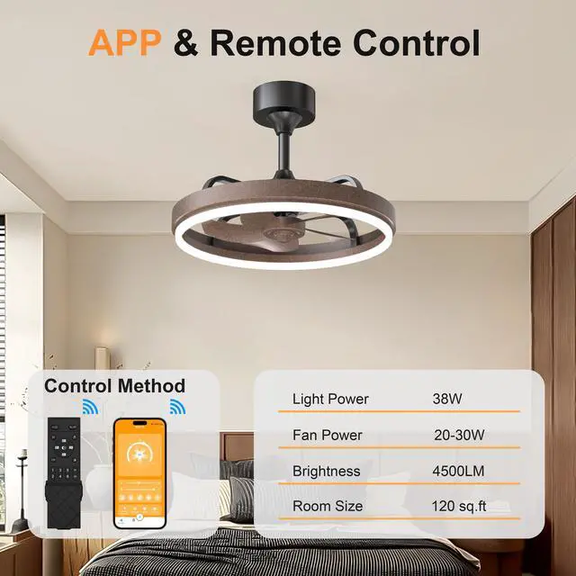 Alt view image 4 of 7 - 20.5" Rustic Brown Ceiling Fans with Lights Remote & App Control, Downrod Mount Dimmable Led Fandelier, 6 Speeds Quiet Dc Motor, Modern Ceiling Fan for Bedroom Living Room