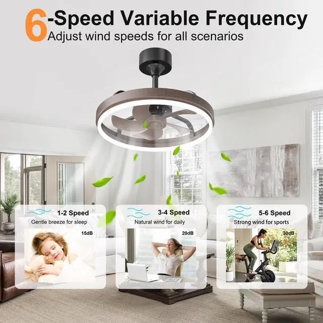 Alt view image 5 of 7 - 20.5" Rustic Brown Ceiling Fans with Lights Remote & App Control, Downrod Mount Dimmable Led Fandelier, 6 Speeds Quiet Dc Motor, Modern Ceiling Fan for Bedroom Living Room