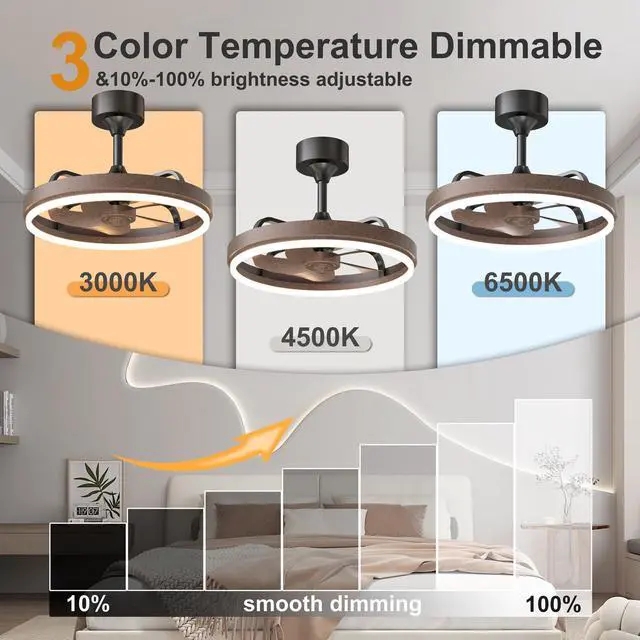 Alt view image 6 of 7 - 20.5" Rustic Brown Ceiling Fans with Lights Remote & App Control, Downrod Mount Dimmable Led Fandelier, 6 Speeds Quiet Dc Motor, Modern Ceiling Fan for Bedroom Living Room