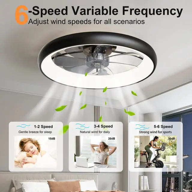Alt view image 3 of 7 - 24.4" Large Size Black Ultra-Thin Ceiling Fan with Light, 6-Speed Reversible Fandelier, 3-Color Temp Dimmable, Remote & App Control, Silent Motor, Ideal for Large Rooms Living Areas