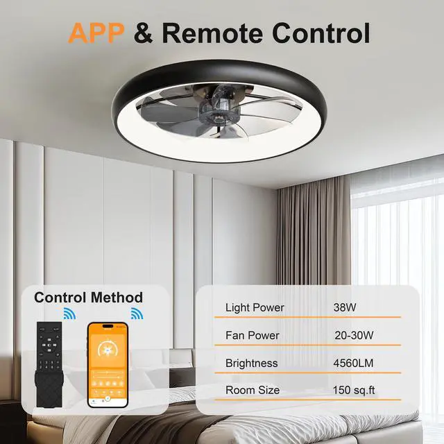 Alt view image 7 of 7 - 24.4" Large Size Black Ultra-Thin Ceiling Fan with Light, 6-Speed Reversible Fandelier, 3-Color Temp Dimmable, Remote & App Control, Silent Motor, Ideal for Large Rooms Living Areas