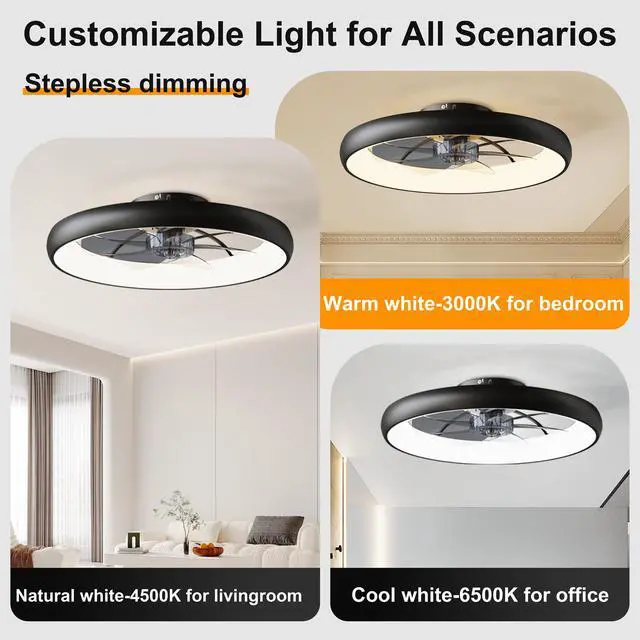 Alt view image 6 of 7 - 24.4" Large Size Black Ultra-Thin Ceiling Fan with Light, 6-Speed Reversible Fandelier, 3-Color Temp Dimmable, Remote & App Control, Silent Motor, Ideal for Large Rooms Living Areas