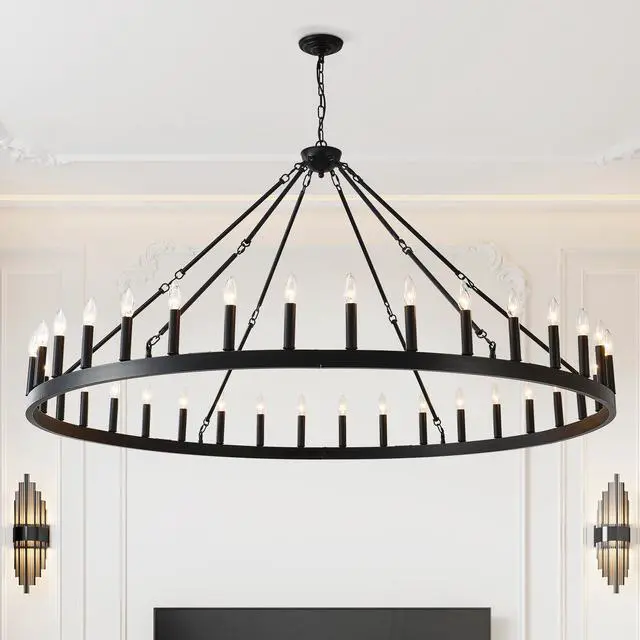 Main image of 63.8 inch 36-Light Extra Large Wagon Wheel Chandelier, Black Farmhouse Round Wheel Chandelier Light Fixtures Wagon Wheel Chandeliers for Porch High Ceilings Dining Room Living Room,Kitchen,Bedroom-E12