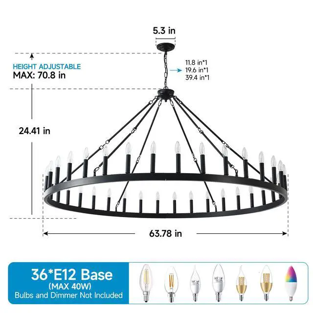 Alt view image 3 of 7 - 63.8 inch 36-Light Extra Large Wagon Wheel Chandelier, Black Farmhouse Round Wheel Chandelier Light Fixtures Wagon Wheel Chandeliers for Porch High Ceilings Dining Room Living Room,Kitchen,Bedroom-E12