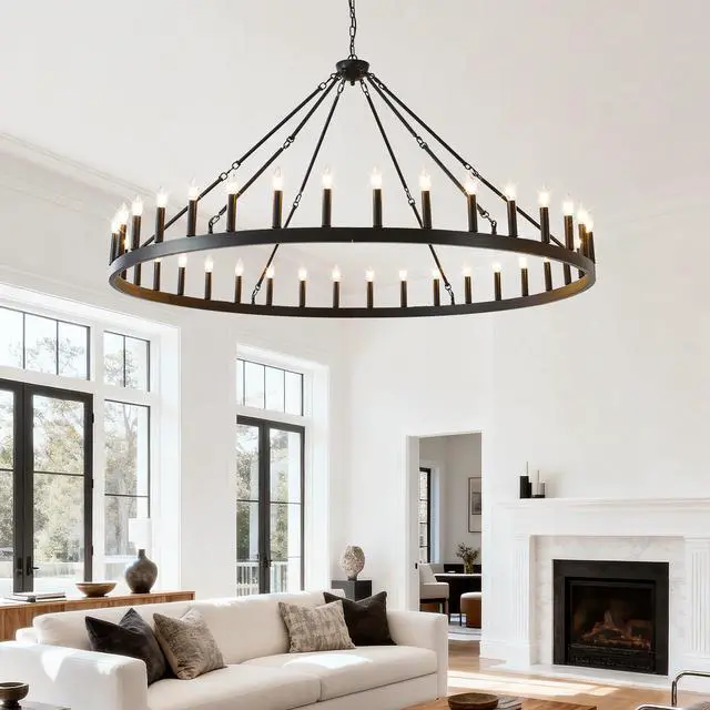 Alt view image 2 of 7 - 63.8 inch 36-Light Extra Large Wagon Wheel Chandelier, Black Farmhouse Round Wheel Chandelier Light Fixtures Wagon Wheel Chandeliers for Porch High Ceilings Dining Room Living Room,Kitchen,Bedroom-E12