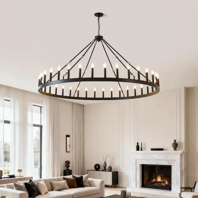 Alt view image 5 of 7 - 63.8 inch 36-Light Extra Large Wagon Wheel Chandelier, Black Farmhouse Round Wheel Chandelier Light Fixtures Wagon Wheel Chandeliers for Porch High Ceilings Dining Room Living Room,Kitchen,Bedroom-E12