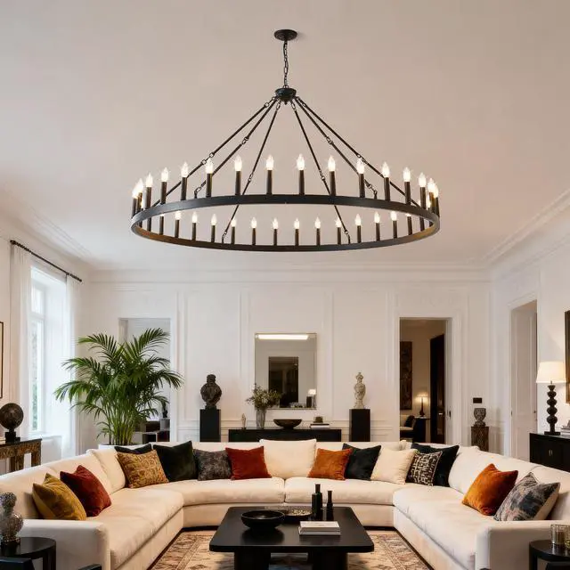Alt view image 6 of 7 - 63.8 inch 36-Light Extra Large Wagon Wheel Chandelier, Black Farmhouse Round Wheel Chandelier Light Fixtures Wagon Wheel Chandeliers for Porch High Ceilings Dining Room Living Room,Kitchen,Bedroom-E12