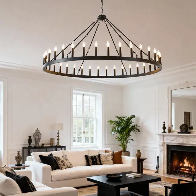 Alt view image 7 of 7 - 63.8 inch 36-Light Extra Large Wagon Wheel Chandelier, Black Farmhouse Round Wheel Chandelier Light Fixtures Wagon Wheel Chandeliers for Porch High Ceilings Dining Room Living Room,Kitchen,Bedroom-E12