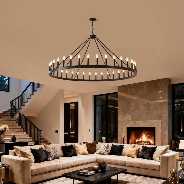 Alt view image 4 of 7 - 63.8 inch 36-Light Extra Large Wagon Wheel Chandelier, Black Farmhouse Round Wheel Chandelier Light Fixtures Wagon Wheel Chandeliers for Porch High Ceilings Dining Room Living Room,Kitchen,Bedroom-E12
