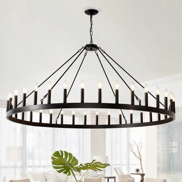 Main image of 59.1inch 36-Light Extra Large Wagon Wheel Chandelier, Black Farmhouse Round Wheel Chandelier Light Fixtures Wagon Wheel Chandeliers for Porch High Ceilings Dining Room Living Room,Kitchen, Bedroom-E12
