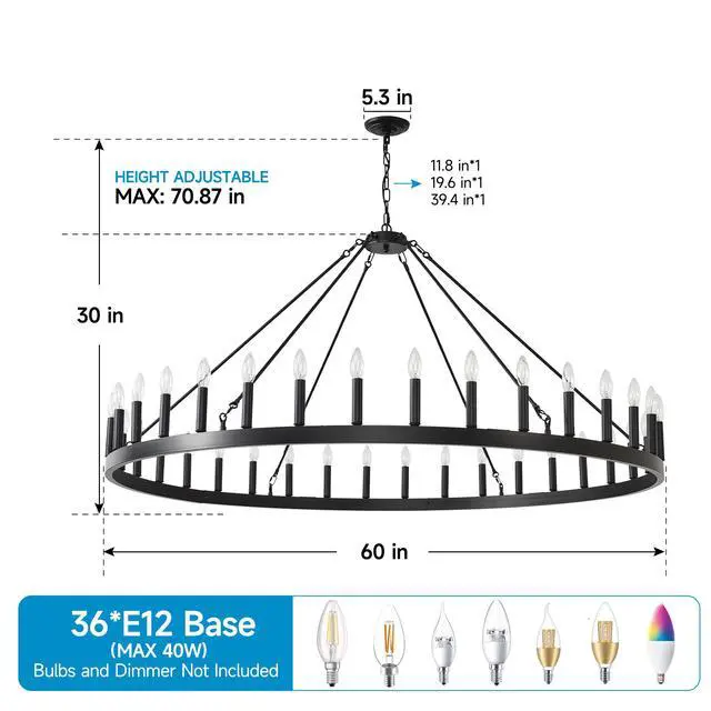 Alt view image 3 of 7 - 59.1inch 36-Light Extra Large Wagon Wheel Chandelier, Black Farmhouse Round Wheel Chandelier Light Fixtures Wagon Wheel Chandeliers for Porch High Ceilings Dining Room Living Room,Kitchen, Bedroom-E12