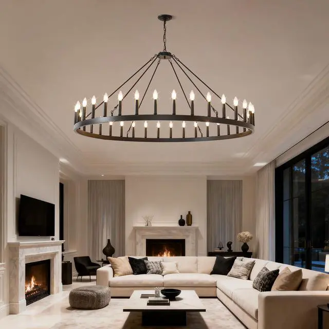 Alt view image 2 of 7 - 59.1inch 36-Light Extra Large Wagon Wheel Chandelier, Black Farmhouse Round Wheel Chandelier Light Fixtures Wagon Wheel Chandeliers for Porch High Ceilings Dining Room Living Room,Kitchen, Bedroom-E12
