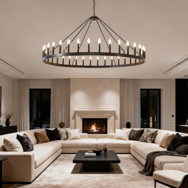 Alt view image 4 of 7 - 59.1inch 36-Light Extra Large Wagon Wheel Chandelier, Black Farmhouse Round Wheel Chandelier Light Fixtures Wagon Wheel Chandeliers for Porch High Ceilings Dining Room Living Room,Kitchen, Bedroom-E12