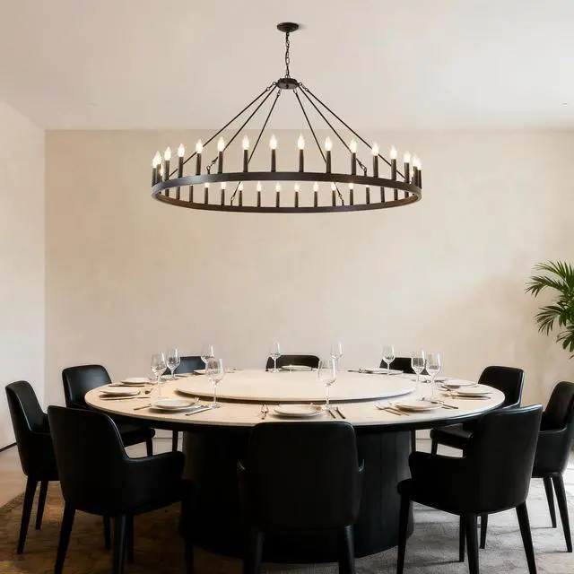Alt view image 5 of 7 - 59.1inch 36-Light Extra Large Wagon Wheel Chandelier, Black Farmhouse Round Wheel Chandelier Light Fixtures Wagon Wheel Chandeliers for Porch High Ceilings Dining Room Living Room,Kitchen, Bedroom-E12