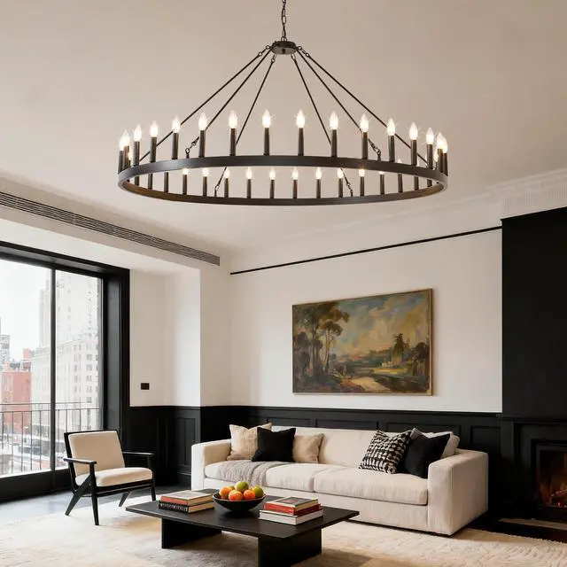 Alt view image 7 of 7 - 59.1inch 36-Light Extra Large Wagon Wheel Chandelier, Black Farmhouse Round Wheel Chandelier Light Fixtures Wagon Wheel Chandeliers for Porch High Ceilings Dining Room Living Room,Kitchen, Bedroom-E12
