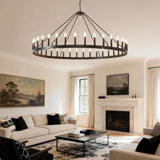 Alt view image 6 of 7 - 59.1inch 36-Light Extra Large Wagon Wheel Chandelier, Black Farmhouse Round Wheel Chandelier Light Fixtures Wagon Wheel Chandeliers for Porch High Ceilings Dining Room Living Room,Kitchen, Bedroom-E12
