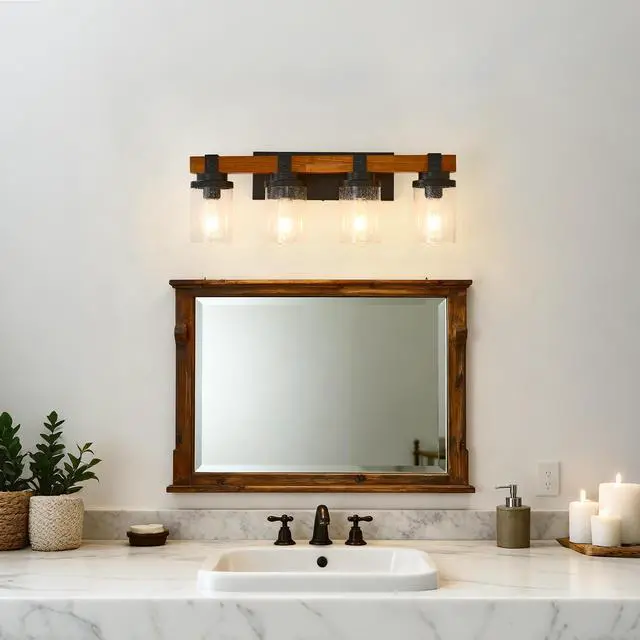 Alt view image 3 of 7 - 4-Light -Matte Black and Wooden Wall Lamps with Glass Lamp Shade (No Bulbs) for Dinning Room Hallway Bedroom