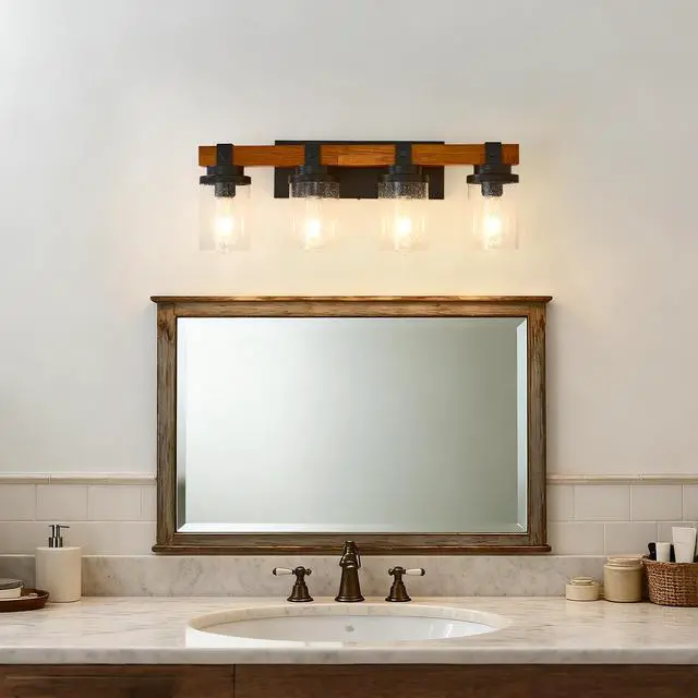 Alt view image 2 of 7 - 4-Light -Matte Black and Wooden Wall Lamps with Glass Lamp Shade (No Bulbs) for Dinning Room Hallway Bedroom
