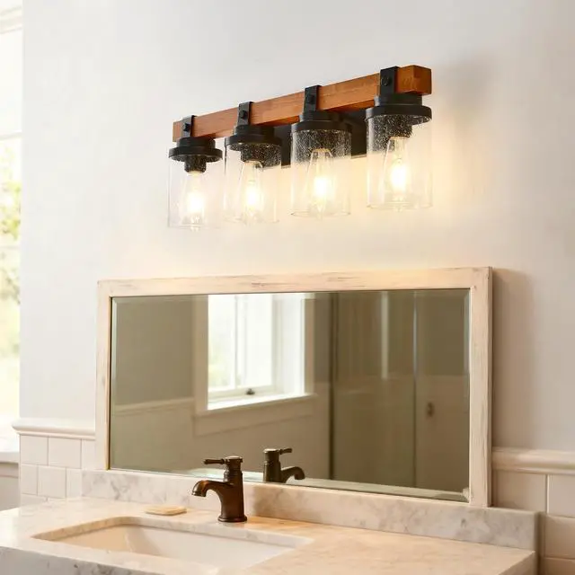 Alt view image 4 of 7 - 4-Light -Matte Black and Wooden Wall Lamps with Glass Lamp Shade (No Bulbs) for Dinning Room Hallway Bedroom