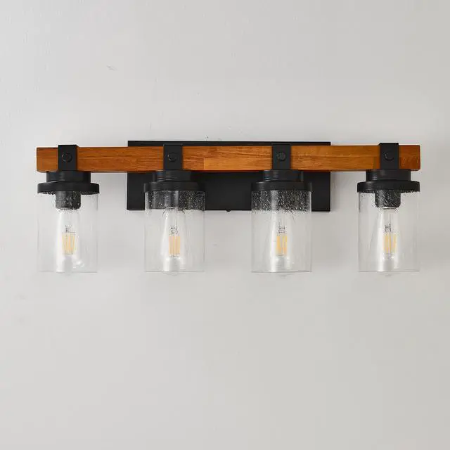 Alt view image 5 of 7 - 4-Light -Matte Black and Wooden Wall Lamps with Glass Lamp Shade (No Bulbs) for Dinning Room Hallway Bedroom