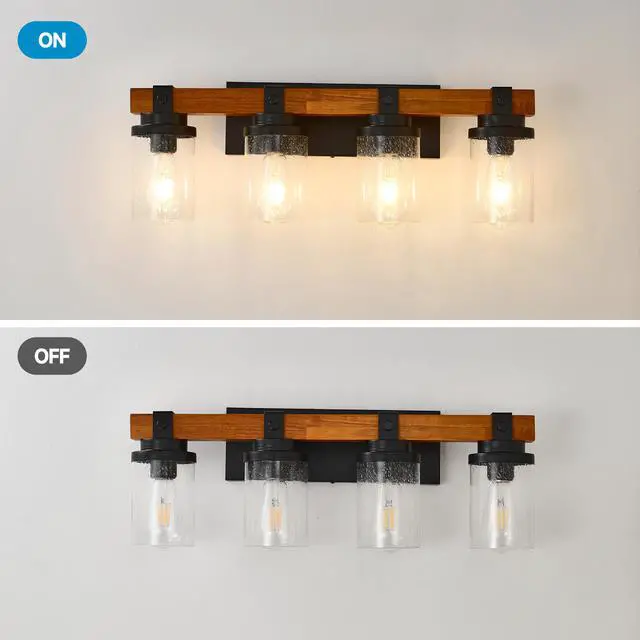 Alt view image 7 of 7 - 4-Light -Matte Black and Wooden Wall Lamps with Glass Lamp Shade (No Bulbs) for Dinning Room Hallway Bedroom