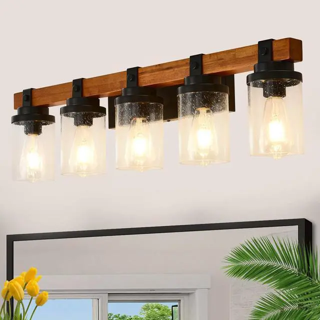 Main image of 5-Light Matte Black +Wood Wall Lamps with Glass Lamp Shades (No Bulbs) for Bathroom Kitchen Dinning Room