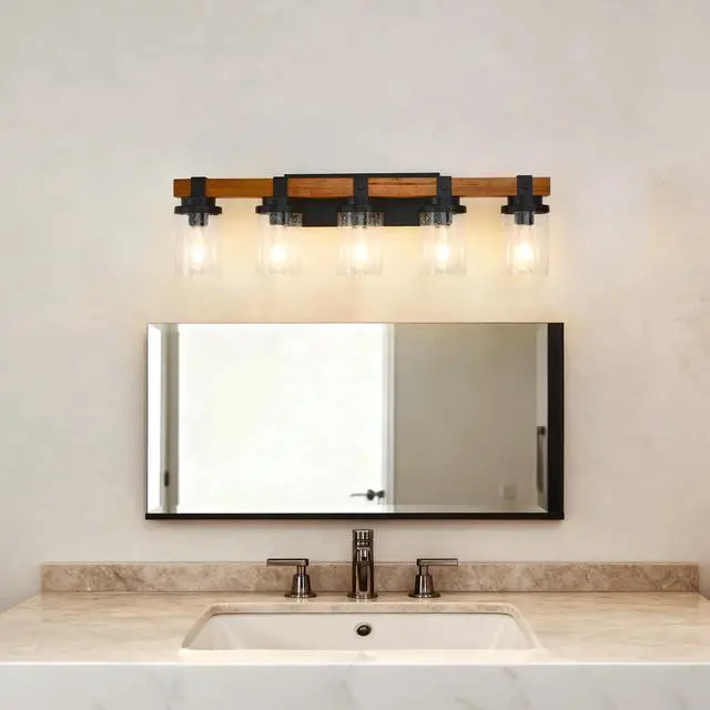 Alt view image 2 of 7 - 5-Light Matte Black +Wood Wall Lamps with Glass Lamp Shades (No Bulbs) for Bathroom Kitchen Dinning Room