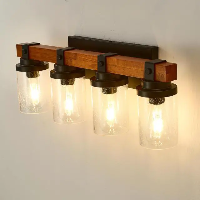Alt view image 6 of 7 - 4-Light -Matte Black and Wooden Wall Lamps with Glass Lamp Shade (No Bulbs) for Dinning Room Hallway Bedroom
