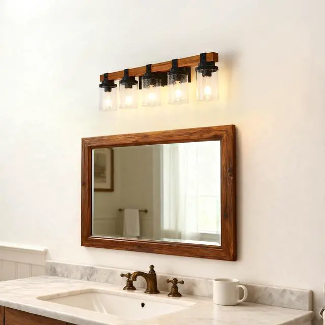 Alt view image 5 of 7 - 5-Light Matte Black +Wood Wall Lamps with Glass Lamp Shades (No Bulbs) for Bathroom Kitchen Dinning Room