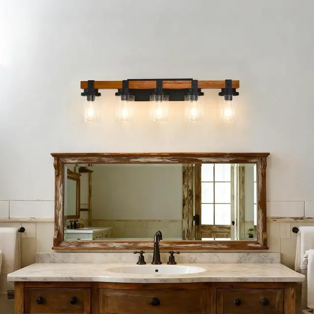 Alt view image 6 of 7 - 5-Light Matte Black +Wood Wall Lamps with Glass Lamp Shades (No Bulbs) for Bathroom Kitchen Dinning Room