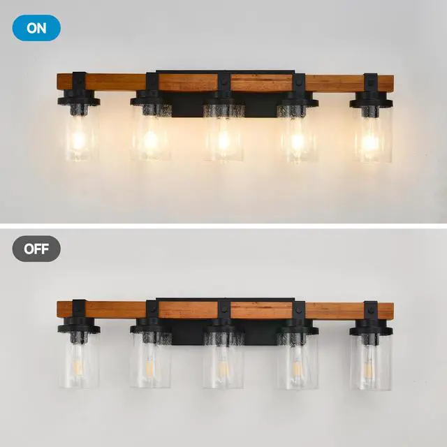 Alt view image 7 of 7 - 5-Light Matte Black +Wood Wall Lamps with Glass Lamp Shades (No Bulbs) for Bathroom Kitchen Dinning Room