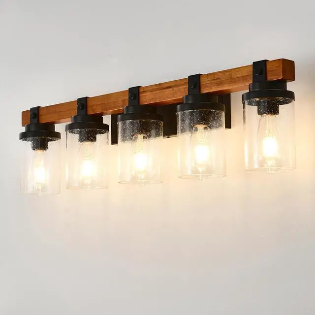 Alt view image 4 of 7 - 5-Light Matte Black +Wood Wall Lamps with Glass Lamp Shades (No Bulbs) for Bathroom Kitchen Dinning Room