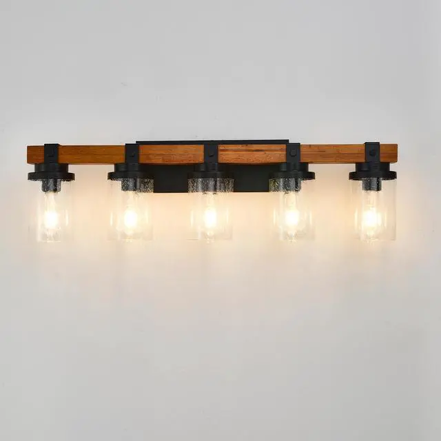 Alt view image 3 of 7 - 5-Light Matte Black +Wood Wall Lamps with Glass Lamp Shades (No Bulbs) for Bathroom Kitchen Dinning Room