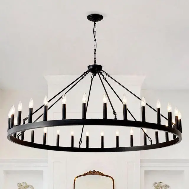 Main image of 53.15 inch Matte Black Wagon Wheel Chandelier with 30 Light (No Bulbs)-E12