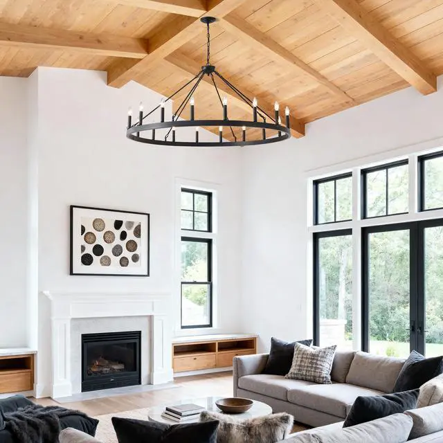 Alt view image 2 of 7 - 53.15 inch Matte Black Wagon Wheel Chandelier with 18 Light (No Bulbs) -E12