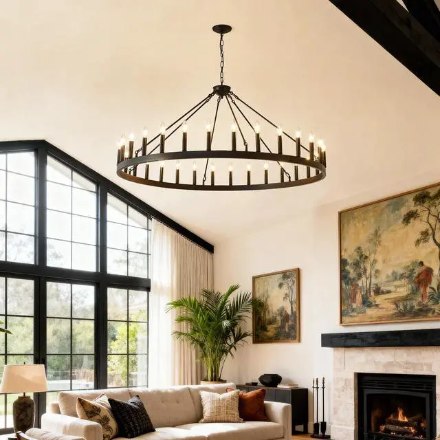 Alt view image 3 of 7 - 53.15 inch Matte Black Wagon Wheel Chandelier with 30 Light (No Bulbs)-E12
