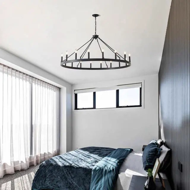 Alt view image 5 of 7 - 53.15 inch Matte Black Wagon Wheel Chandelier with 18 Light (No Bulbs) -E12