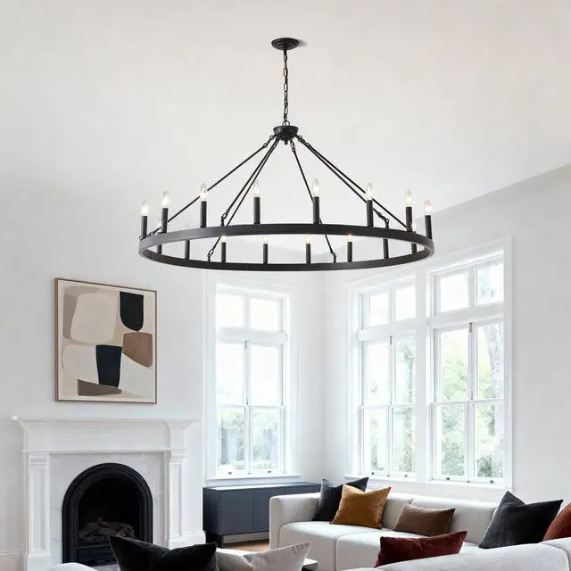 Alt view image 6 of 7 - 53.15 inch Matte Black Wagon Wheel Chandelier with 18 Light (No Bulbs) -E12