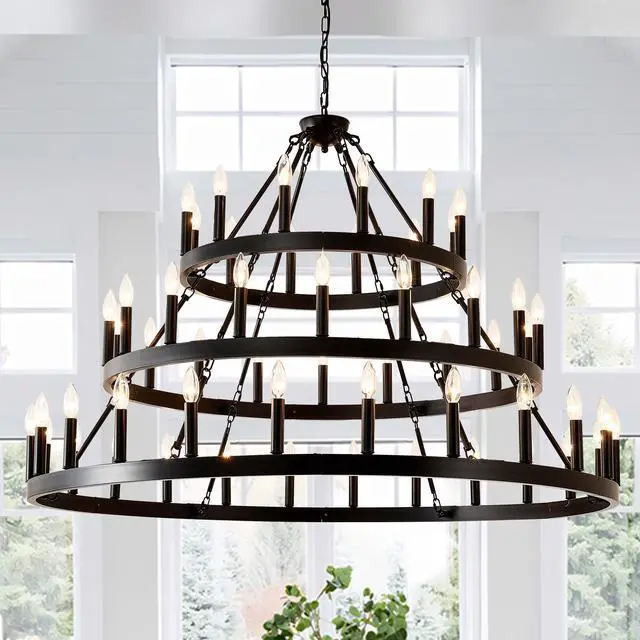Main image of 3 Tiers Wagon Wheel Chandelier Farmhouse 54-Light(24+18+12) , Black Metal Chandeliers 3-Story Light Fixtures industrial for High Ceiling Living Dining Room Foyer. Adjustable Height-E12