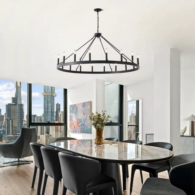 Alt view image 7 of 7 - 53.15 inch Matte Black Wagon Wheel Chandelier with 18 Light (No Bulbs) -E12
