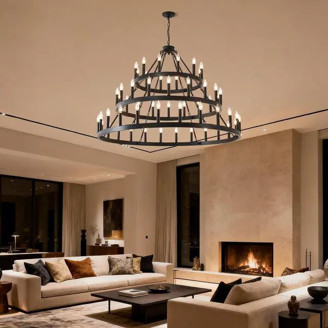 Alt view image 3 of 7 - 3 Tiers Wagon Wheel Chandelier Farmhouse 54-Light(24+18+12) , Black Metal Chandeliers 3-Story Light Fixtures industrial for High Ceiling Living Dining Room Foyer. Adjustable Height-E12