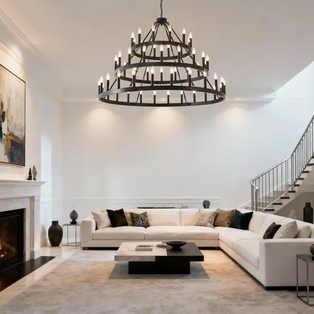 Alt view image 2 of 7 - 3 Tiers Wagon Wheel Chandelier Farmhouse 54-Light(24+18+12) , Black Metal Chandeliers 3-Story Light Fixtures industrial for High Ceiling Living Dining Room Foyer. Adjustable Height-E12