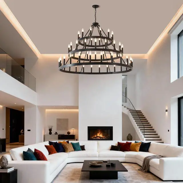 Alt view image 5 of 7 - 3 Tiers Wagon Wheel Chandelier Farmhouse 54-Light(24+18+12) , Black Metal Chandeliers 3-Story Light Fixtures industrial for High Ceiling Living Dining Room Foyer. Adjustable Height-E12