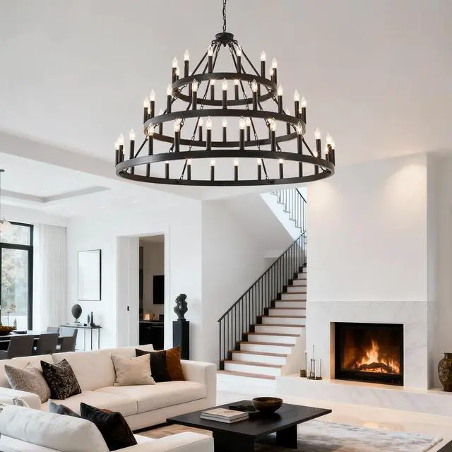 Alt view image 6 of 7 - 3 Tiers Wagon Wheel Chandelier Farmhouse 54-Light(24+18+12) , Black Metal Chandeliers 3-Story Light Fixtures industrial for High Ceiling Living Dining Room Foyer. Adjustable Height-E12