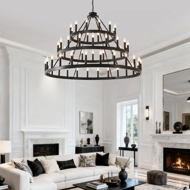 Alt view image 4 of 7 - 3 Tiers Wagon Wheel Chandelier Farmhouse 54-Light(24+18+12) , Black Metal Chandeliers 3-Story Light Fixtures industrial for High Ceiling Living Dining Room Foyer. Adjustable Height-E12