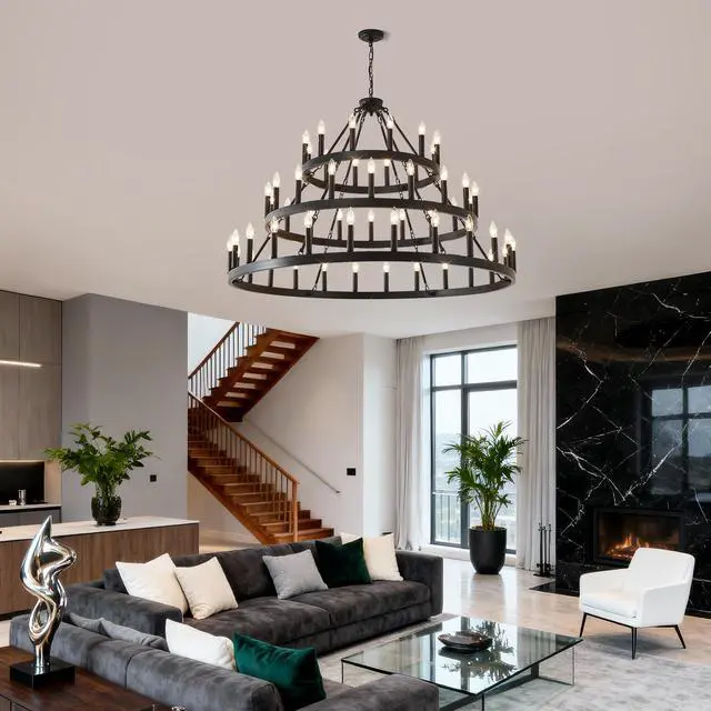 Alt view image 7 of 7 - 3 Tiers Wagon Wheel Chandelier Farmhouse 54-Light(24+18+12) , Black Metal Chandeliers 3-Story Light Fixtures industrial for High Ceiling Living Dining Room Foyer. Adjustable Height-E12